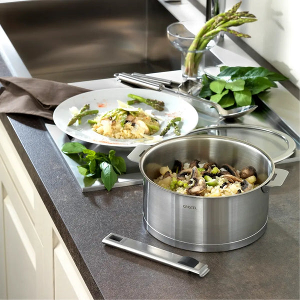 CRISTEL Strate brushed stainless steel cookware set with detachable handles