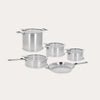 CRISTEL Strate 13-piece brushed stainless steel cookware set with saucepans, stockpot, frying pan, sauté pan, glass lids, and detachable handles