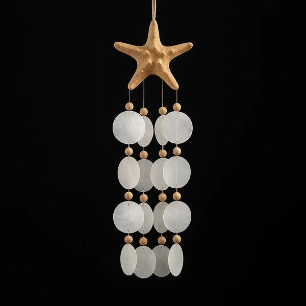 Handcrafted capiz shell chime styled in a meditation corner, calming sound decor for sanctuary spaces