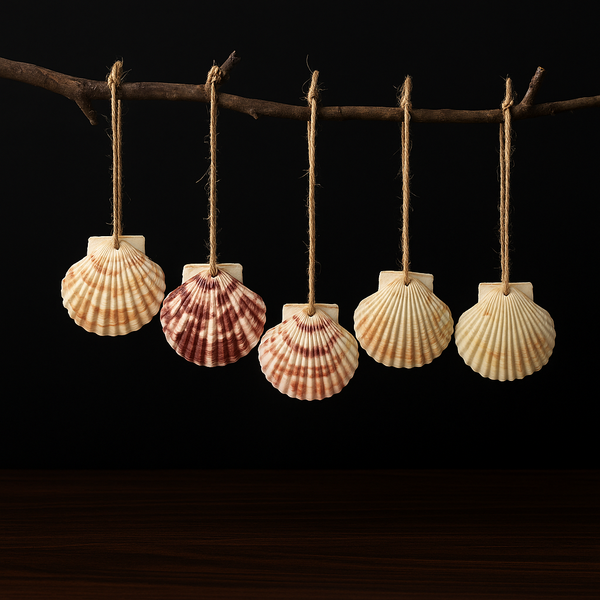 Five seashells hanging from a branch against a black background