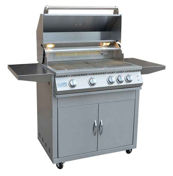 Stainless steel 4-burner outdoor gas grill with side tables, a two-door storage cabinet and caster wheels on a plain white background