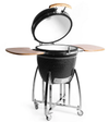 Black KoKoMo ceramic Kamado grill with lid raised, wooden side shelves and a metal stand with caster wheels