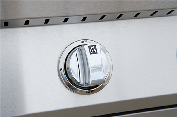 Close-up of a KoKoMo grill control knob marked Off, High and Low