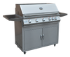 KoKoMo stainless steel cart grill with closed lid, lid thermometer, side shelves and cabinet storage