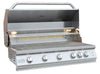 KoKoMo stainless steel grill head with lid raised, cooking grates, back burner and illuminated interior lights.