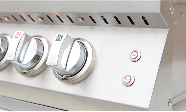 Close-up of KoKoMo grill control knobs and buttons labeled Lamp and LED