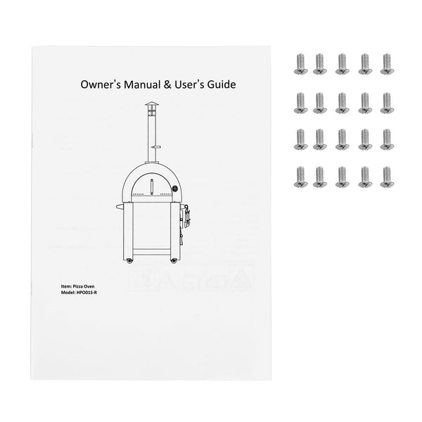 Owner's Manual & User's Guide for a pizza oven with screws on a white background