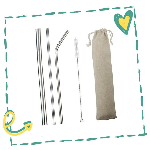 Complete set of premium stainless steel bent straws with cleaning brush and sustainable packaging
