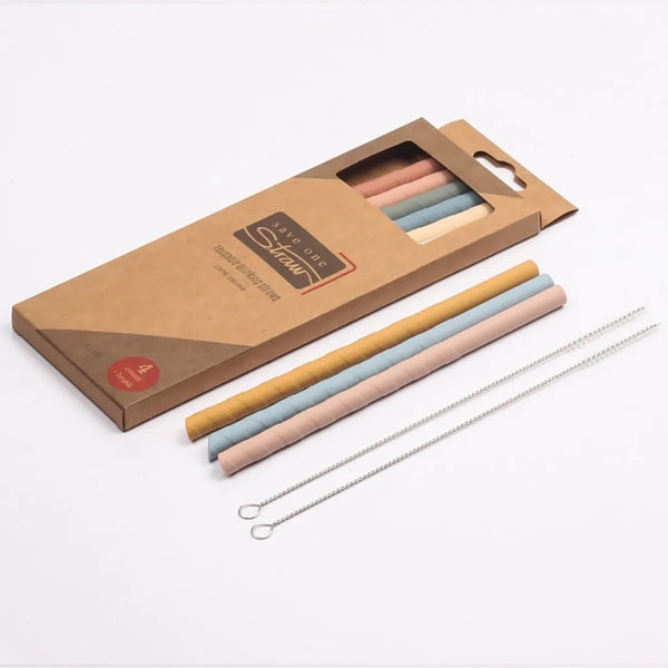6-piece colorful silicone reusable straw set with cleaning brush and travel pouch