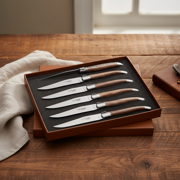 Walnut steak knife set in a brown presentation box on a rustic wooden table beside a light linen cloth
