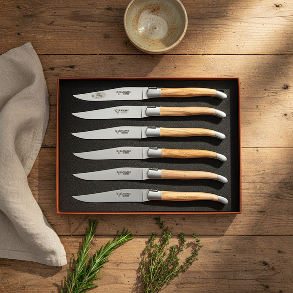 Olive wood steak knife set in a brown presentation box on a rustic table beside a linen napkin, herbs and a ceramic bowl