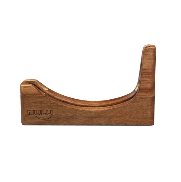 NULU acacia knife dock with curved blade-storage groove and engraved logo, shown without a knife