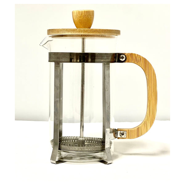 Close up detail of the stainless steel plunger and glass carafe
