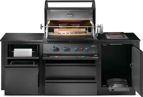 Front view of OASIS kitchen with rotisserie spit, glowing rear burner, paper towel holder and open storage