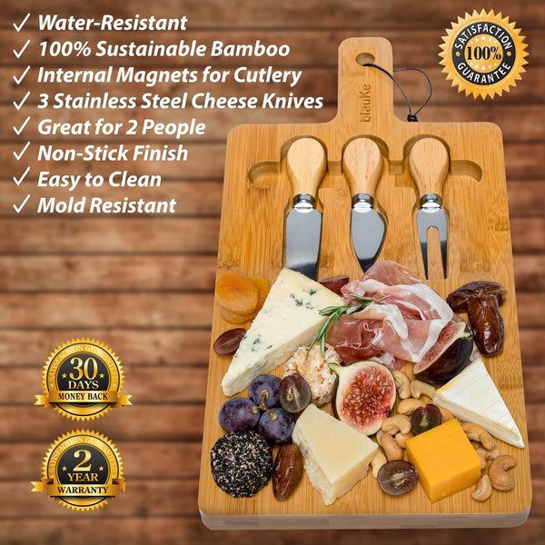 Eco-friendly bamboo cheese board showing durable surface and included serving tools