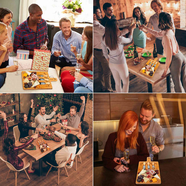 Collage of people enjoying a meal together with wine glasses and food.