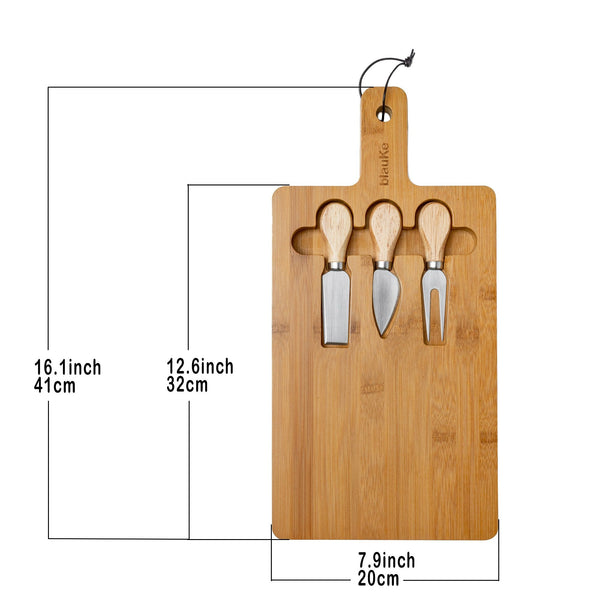 Wooden cheese board set with three tools on a white background