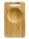 Top view of the NULU bamboo cutting board with built-in mincing bowl, carrying handle and four corner feet