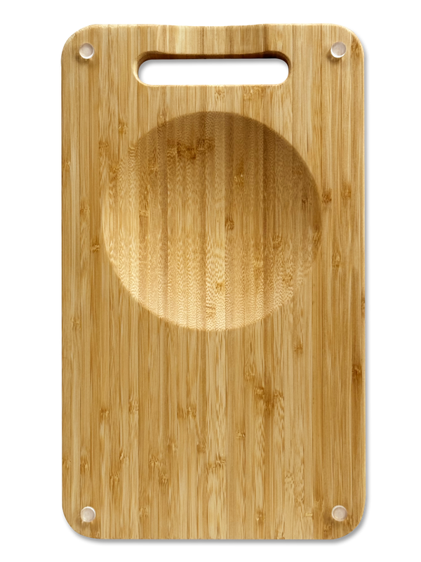 Top view of the NULU bamboo cutting board with built-in mincing bowl, carrying handle and four corner feet