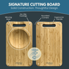NULU double-sided cutting board graphic highlighting the mincing bowl, non-slip feet, rounded corners and handle