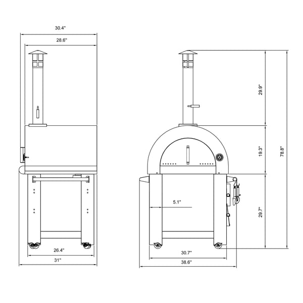 Technical drawing of an Empava pizza oven with dimensions