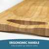 Close-up of the shaped carrying handle on the NULU bamboo cutting board
