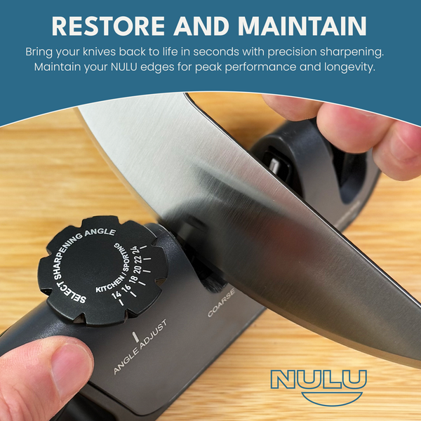 Person holding a NULU curved knife in the sharpener’s coarse slot beside the adjustable angle dial
