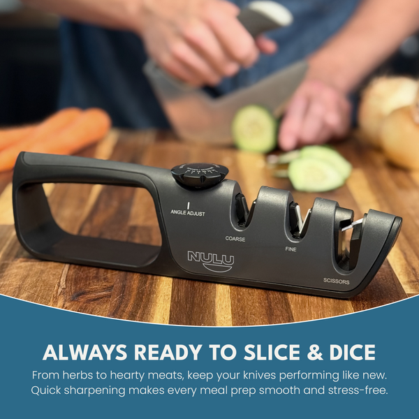 NULU sharpener on a wooden board with cucumber preparation in the background and the heading Always Ready to Slice & Dice