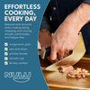 Person chopping meat with a NULU knife beside a graphic promoting four ergonomic grips and wrist comfort