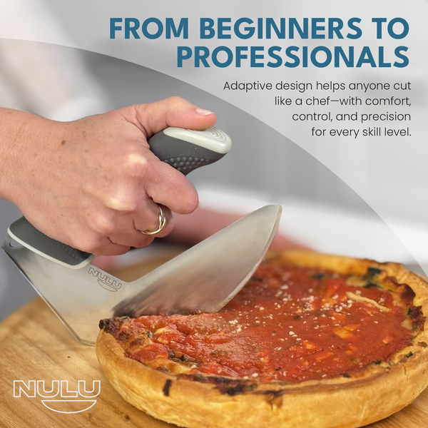 Person slicing a deep-dish pizza with a NULU curved kitchen knife on a wooden cutting board