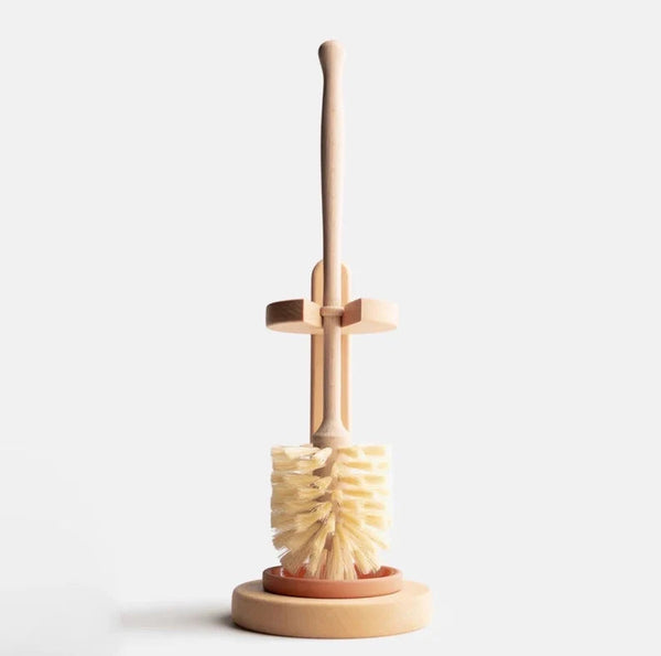 Elegant wooden toilet brush stand with terracotta drip tray for sanitary, quick-drying storage