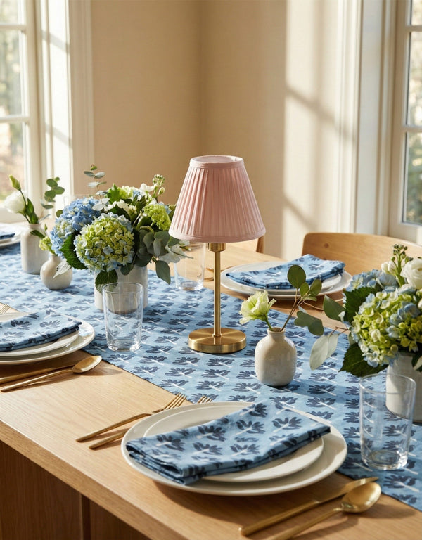 Banyan and Birch Zeenat hand-block printed linen table runner in steel blue, view 2