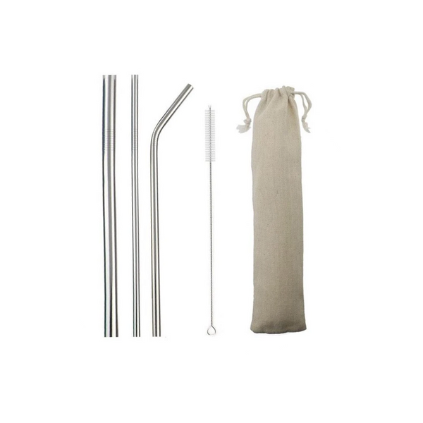 Set of metal straws with a cleaning brush and storage bag on a white background