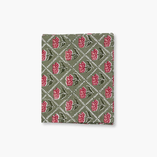 Banyan and Birch Noor hand-block printed linen table runner in olive and pink