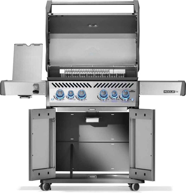 Napoleon Rogue PRO-S 525 grill with lid raised, side burner cover open and double-door storage cabinet open