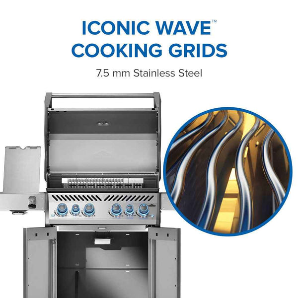 Napoleon Rogue grill and close-up of WAVE cooking grids labeled 7.5 mm stainless steel