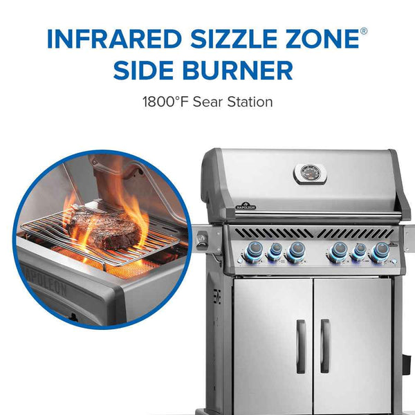 Napoleon SIZZLE ZONE infrared side burner graphic with a close-up of steak searing over flames