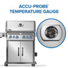 Stainless steel grill with Accu-Probe temperature gauge on a white background
