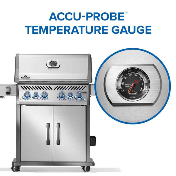 Stainless steel grill with Accu-Probe temperature gauge on a white background