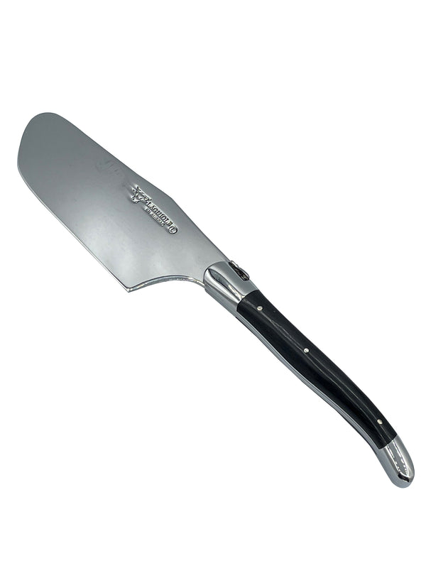 Laguiole en Aubrac broad-bladed cheese knife with an ebony handle and polished metal bolsters
