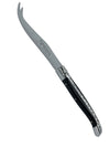 Laguiole en Aubrac fork-tipped cheese knife with a curved blade, ebony handle and decorative metal spine