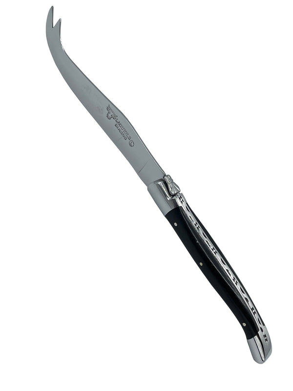 Laguiole en Aubrac fork-tipped cheese knife with a curved blade, ebony handle and decorative metal spine