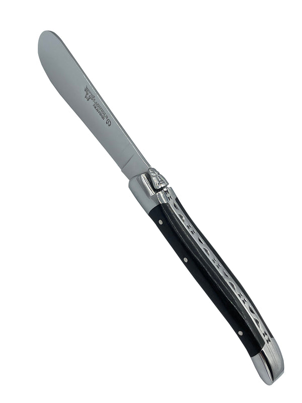 Laguiole en Aubrac rounded-tip cheese spreader with an ebony handle, bee emblem and decorative metal spine