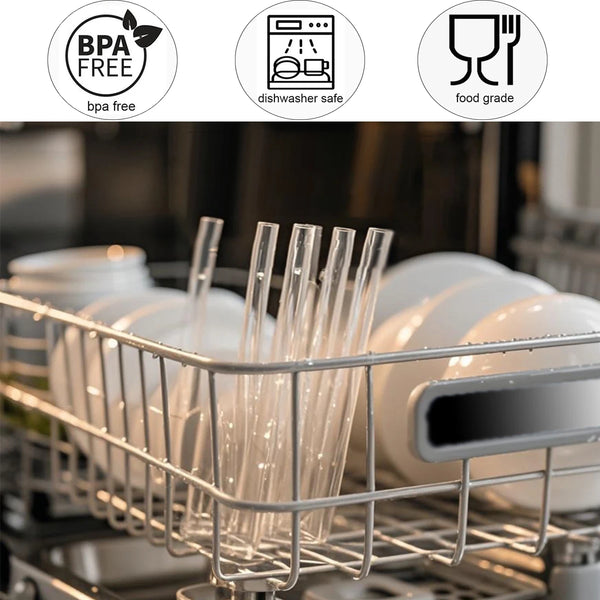 Dishwasher rack with dishes and certification icons for BPA-free, dishwasher safe, and food grade.