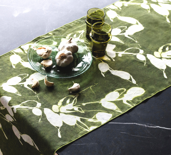 Goldie Home Porto Print olive linen table runner, 16 x 90 inches, view 2