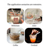 Four images showing the use of a glass with a lid for different beverages: milkshake, juice, coffee, and cocktail.