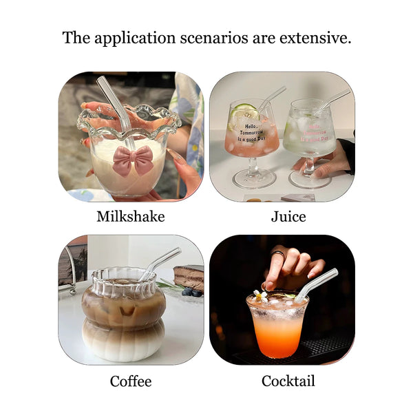 Four images showing the use of a glass with a lid for different beverages: milkshake, juice, coffee, and cocktail.