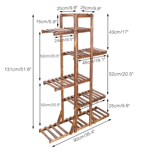Close-up of premium solid pine wood grain and staggered shelf construction of vertical plant rack