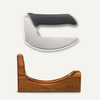 NULU curved stainless steel kitchen knife with a black textured handle displayed above an acacia wooden dock