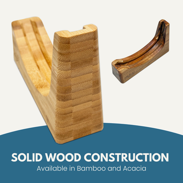“Angled views of bamboo and acacia NULU docks showing their curved blade slots and wood grain.”